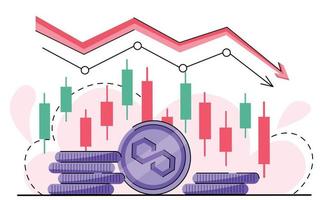 moedas de polígono matic caindo com seta vermelha para baixo no mercado de criptomoedas. mercado de urso. tendência de queda de criptomoedas. velas japonesas e moeda logo matic. vetor isolado em branco