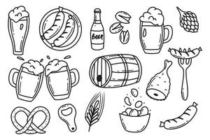 conjunto de cerveja. coleção oktoberfest. estilo doodle. ilustração vetorial. cerveja, petiscos de cerveja. lúpulo e trigo. vetor