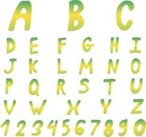 alfabeto verde e amarelo gradiente estilizado e números em fundo branco. imagem vetorial. vetor