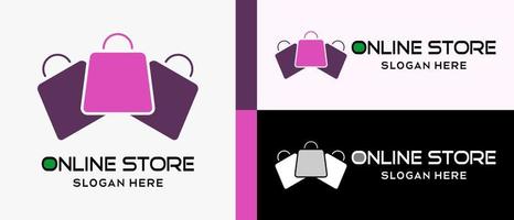 modelo de design de logotipo de compras on-line ou loja on-line com conceito de elemento de três sacolas de compras simples e moderno. vetor de ilustração de logotipo de loja online premium