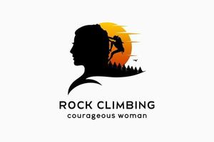 design de logotipo de escalada, silhuetas de pessoas escalando penhascos e silhuetas de cabeças de mulheres misturando-se com a natureza na lua ou no sol vetor