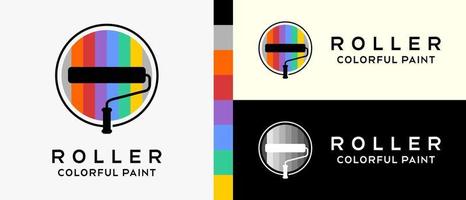 modelo de design de logotipo de pintura de parede moderna. silhueta de uma escova de rolo em um estilo de cor do arco-íris em um círculo. vetor premium