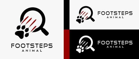 pegadas de animais, modelos de design de logotipo de pegadas de leão, tigre ou gato e ícones de lupa com conceitos criativos e legais. ilustração de logotipo de vetor premium