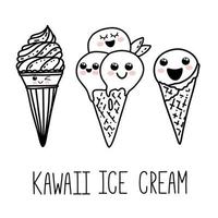 personagens de desenhos animados kawaii desenhados à mão bonitos. sorvete com rostos sorridentes. rabiscos felizes divertidos para crianças vetor