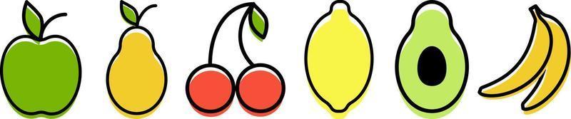 ícones de frutas. ilustração vetorial isolada no fundo branco. banana limão maçã abacate cereja pêra. vetor