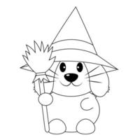 coelho fofo com chapéu de vassoura e bruxa. desenhar ilustração em preto e branco vetor