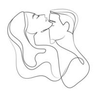 beijando casal linha contínua desenho estilo minimalista, ilustração vetorial. silhueta abstrata de amantes homem e mulher em pose sensual, única linha, impressão, emblema, tatuagem e design romântico do logotipo vetor