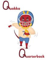 Profissões de animais do alfabeto latino abc começando com a letra q quokka quarterback no estilo cartoon. vetor