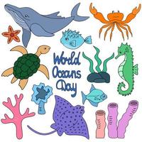 animais oceânicos e plantas aquáticas grupo de ilustrações de estilo cartoon vetor