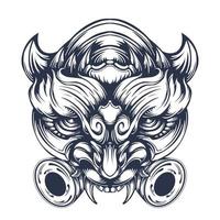 desenho de tatuagem de máscara oni em um fundo branco vetor