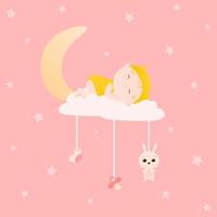 bons sonhos, criança dormindo na lua nas nuvens no fundo do pino com elementos de estrelas, brinquedos e elementos de bebê vetor