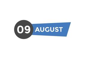 lembrete de calendário de 9 de agosto. 9 de agosto modelo de ícone de calendário diário. modelo de design de ícone de calendário 9 de agosto. ilustração vetorial vetor