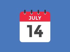 lembrete de calendário de 14 de julho. Modelo de ícone de calendário diário de 14 de julho. modelo de design de ícone de calendário 14 de julho. ilustração vetorial vetor