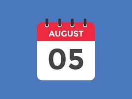lembrete de calendário de 5 de agosto. 5 de agosto modelo de ícone de calendário diário. modelo de design de ícone de 5 de agosto de calendário. ilustração vetorial vetor