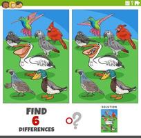 jogo de diferenças com personagens de animais de pássaros de desenho animado vetor