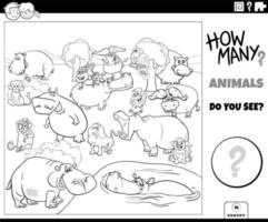 contando a tarefa educacional de animais de desenho animado para colorir e imprimir vetor