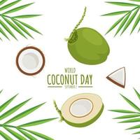 ilustração vetorial, coco e folhas isoladas no fundo branco, como banner, pôster ou modelo, dia mundial do coco. vetor