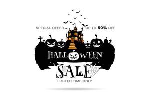cartaz de promoção de venda de halloween ou banner com abóbora de halloween e castelo assombrado, morcegos, túmulo. em fundo branco. ilustração vetorial vetor