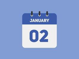 lembrete de calendário de 2 de janeiro. Modelo de ícone de calendário diário de 2 de janeiro. modelo de design de ícone de 2 de janeiro de calendário. ilustração vetorial vetor
