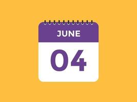 lembrete de calendário de 4 de junho. 4 de junho modelo de ícone de calendário diário. modelo de design de ícone de calendário 4 de junho. ilustração vetorial vetor