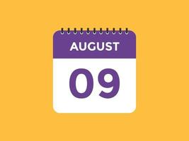 lembrete de calendário de 9 de agosto. 9 de agosto modelo de ícone de calendário diário. modelo de design de ícone de calendário 9 de agosto. ilustração vetorial vetor
