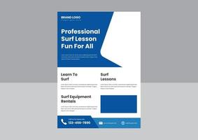 modelo de design de cartaz de folheto de aula de surf profissional. modelo de design de cartaz de panfleto de evento de torneio de surf. vetor