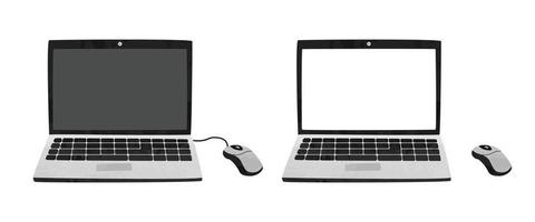 laptop com clipart de tela preto e branco em branco. ilustração em vetor estilo aquarela simples laptop e mouse de computador isolado no branco. estilo desenhado à mão de desenho de espaço em branco de laptop pessoal