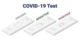 conjunto de kit de teste rápido covid-19 mostrando resultados diferentes clipart de design plano isométrico. kit de detecção de antígeno 1 listra, 2 listras resultam em ilustração vetorial isométrica. desenho de kit de autoteste sars-cov-2 vetor