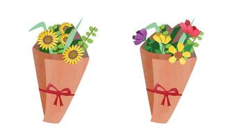 buquê de formatura simples de clipart de flores. buquê com flores de cores diferentes embrulhadas em papel ilustração vetorial estilo aquarela isolado no branco. buquê de flores cartoon clipart vetor