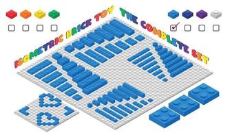 o conjunto completo de estilo isométrico de brinquedo de tijolo de crianças 3d azul. blocos de construção de plástico brinquedo ilustração vetorial isolado no branco. design plano de brinquedo de tijolo de construção quadrada. brinquedo de tijolo de plástico com amostra vetor