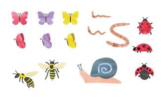 ilustração em aquarela de insetos de jardim simples isolada no fundo branco. insetos bonitos dos desenhos animados na coleção de jardim. conjunto de clipart de insetos de jardim. borboleta, minhoca, joaninha, abelha, caracol vetor