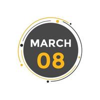 8 de março lembrete de calendário. 8 de março modelo de ícone de calendário diário. modelo de design de ícone de calendário 8 de março. ilustração vetorial vetor