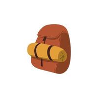 mochila de caminhada dos desenhos animados. ilustração em vetor de uma mochila de campista marrom com um saco de dormir. mochila de viagem vista lateral.