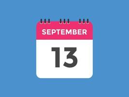 lembrete de calendário de 13 de setembro. 13 de setembro modelo de ícone de calendário diário. modelo de design de ícone de calendário 13 de setembro. ilustração vetorial vetor