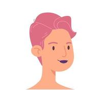 rosto de desenho animado de uma jovem. a cabeça de uma garota informal com cabelo curto rosa e batom escuro. vetor de ilustração avatar feminino isolado no fundo branco.