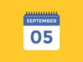 lembrete de calendário de 5 de setembro. 5 de setembro modelo de ícone de calendário diário. modelo de design de ícone de 5 de setembro de calendário. ilustração vetorial vetor