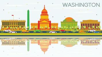 skyline de Washington DC com edifícios coloridos, céu azul e reflexões. vetor