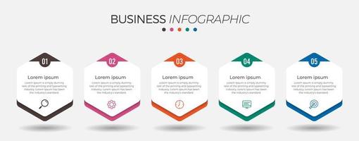 Infográfico de negócios de 5 etapas com hexágonos vetor