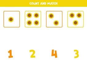 jogo de contagem para crianças. conte todas as flores do sol e combine com os números. planilha para crianças. vetor