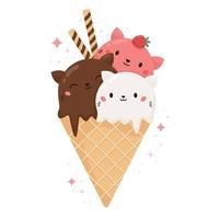 sorvete de gato kawaii com biscoitos e morango. gatinhos redondos no cone de waffle. produto de padaria de sobremesa de comida dos desenhos animados. ilustração vetorial. vetor