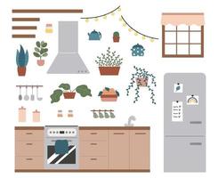 conjunto de cozinha desenhado à mão com móveis, plantas e decorações. cores pastel na moda. ícones de doodle para cozinhar, padaria, café e restaurante. vetor