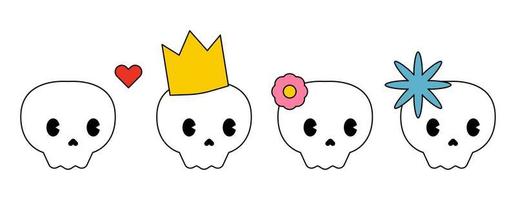 crânios de desenho animado engraçado com coração, coroa e flores. ilustração em vetor estilo kawaii.