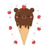 sorvete de urso kawaii com cereja no cone de waffle. gosto de chocolate. produto de padaria de sobremesa de comida dos desenhos animados. ilustração vetorial. vetor