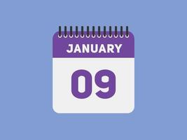 lembrete de calendário de 9 de janeiro. 9 de janeiro modelo de ícone de calendário diário. modelo de design de ícone de calendário 9 de janeiro. ilustração vetorial vetor