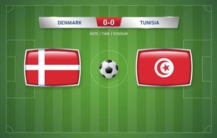 modelo de transmissão de placar dinamarca vs tunísia para torneio de futebol esportivo 2022 e ilustração vetorial de campeonato de futebol vetor