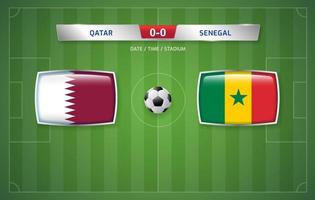 modelo de transmissão de placar qatar vs senegal para torneio de futebol esportivo 2022 e ilustração vetorial de campeonato de futebol vetor