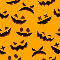abóboras de halloween esculpidas rostos silhuetas padrão sem emenda em um fundo laranja. rostos assustadores e engraçados de abóbora de halloween ou fantasma. ilustração vetorial vetor