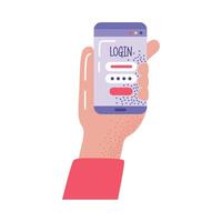 mão com smartphone de login vetor