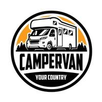 design de logotipo de van campista premium. logotipo do emblema do círculo pronto para motorhome rv. melhor para a indústria relacionada com autocaravanas vetor