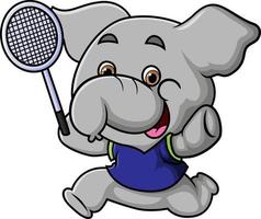 o pequeno elefante está jogando badminton e perseguindo peteca vetor